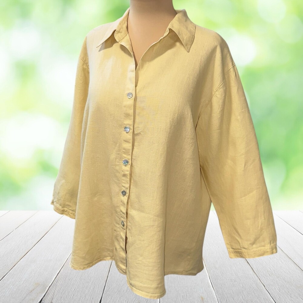 CHICOS DESIGN Linen Button Up Shirt Butter Yellow Relaxed 3/4 Sleeve Size 2 (L)